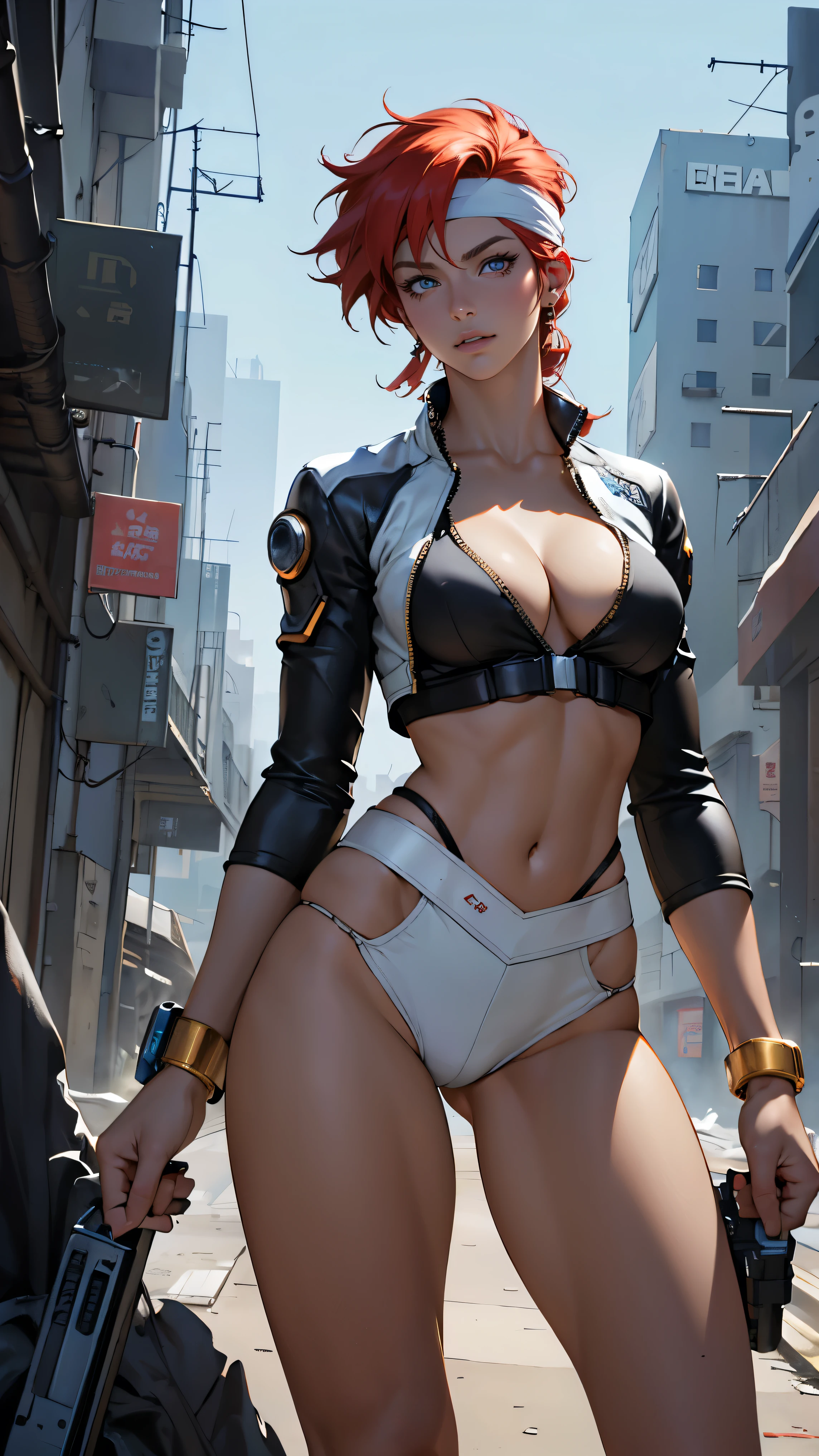 ((Masterpiece, highest quality; 1.3)), super quality, beautiful detail, super detailed, extra fine, 16K, exquisite, absurd, high resolution, beautiful background, detailed background, beautiful eyes, beautiful skin, anime style, Kay from Dirty Pair in a white outfit, tight outfit, cleavage, bushy redhead beauty, very light blue uniform, wearing tight clothes, skimpy, (mid chest: 1.2), cleavage, cleavage, slim waist , thin waist, slim thighs, thin legs, slim legs. thigh gap, showing stomach, skinny, thin hips, cyberpunk city background, holding retro space gun , headband, 