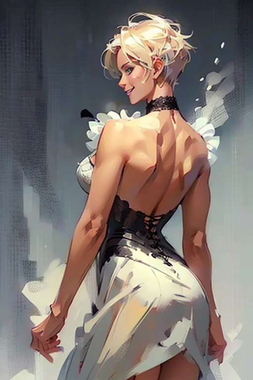 ((back view:1.4)).(rule of thirds:1.4), ((ultra realistic illustration:1.2)),Athletic blonde woman, (short hair), tomboy, cute, ((smile)), sexy, smoky eye, choker, sheer lace black minidress, high heels.Masterpiece, best quality,(highly detailed:1.2),(detailed face and eyes:1.2), 8k wallpaper, depth of field, natural lighting. core shadows, high contrast, bokeh.