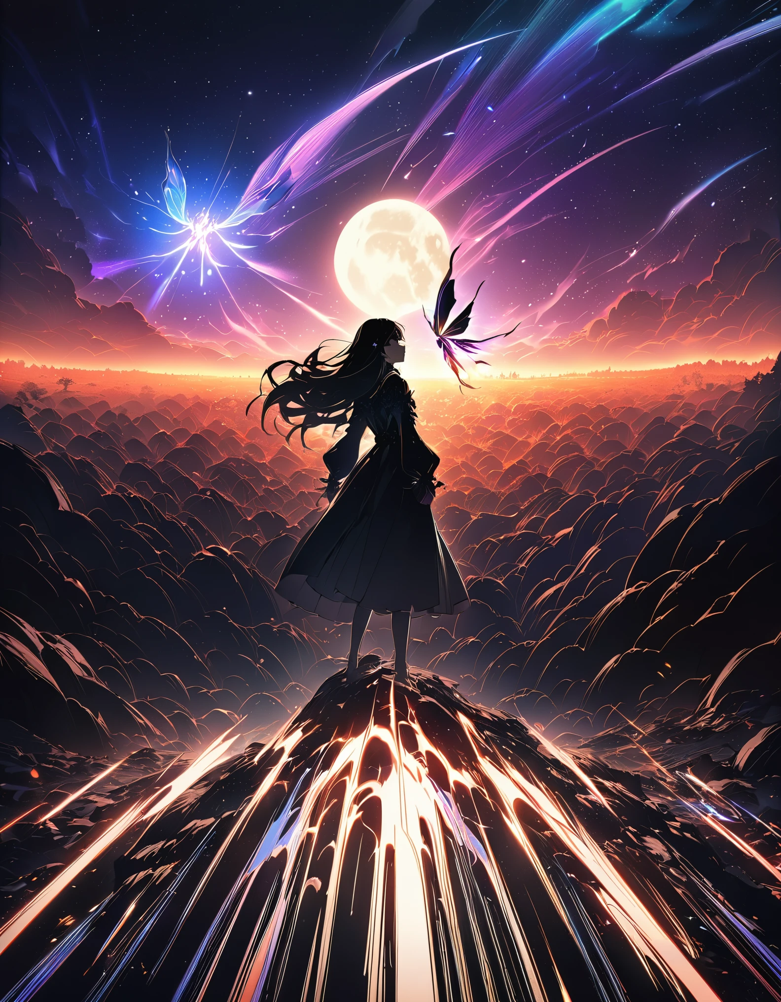 One girl, Beautiful and fine details, Long black hair, Pale purple eyes, Black Princess Dress, Glowing Skin, resolution, (Anime Style:1.6)High Contrast, ((Mastepiece, Highest quality))Vast landscape photography, (View from below with views of the sky and wilderness below), Girl looking up, (full moon: 1.2), (shooting star: 0.9), (nebula: 1.3), Distant Mountain, Treebreak Production Art, (Warm light source: 1.2), (fire Fly: 1.2), Purple and Black, Intricate details, Volumetric Lighting, Realism Break (Mastepiece: 1.2) (Highest quality), 4K, Super detailed, (Dynamic Configuration: 1.4), Extremely detailed and colorful, (Iridescent colors: 1.2), (Brilliant lighting, Ambient lighting), dream-like, Magic, (alone: 1.5)　Perfect Fingers
