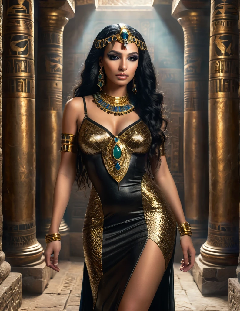 a beautiful egyptian goddess, sorcière antique, invoque des serpents, a un apparence de serpent, nephthys, reine des enfers, reines d'Égypte, with snakeskin, long flowing black hair, glowing golden eyes, reptilian pupils, swollen lactating breasts, wearing a form-fitting translucent black and gold dress, adorned with ancient egyptian jewelry, standing in a mysterious ancient temple, exuding dramatic gothic dominatrix vibes, bathed in intense cinematic lighting, supernatural and breathtaking beauty and depth, (best quality,4k,8k,highres,masterpiece:1.2),ultra-detailed,(realistic,photorealistic,photo-realistic:1.37),HDR,UHD,studio lighting,ultra-fine painting,sharp focus,physically-based rendering,extreme detail description,professional,vivid colors,bokeh,fantasy,dark fantasy,occult,powerful,mystical,elegant,ethereal,chiaroscuro,full body view,in a mystical environment,at the heart of an ancient Egyptian palace