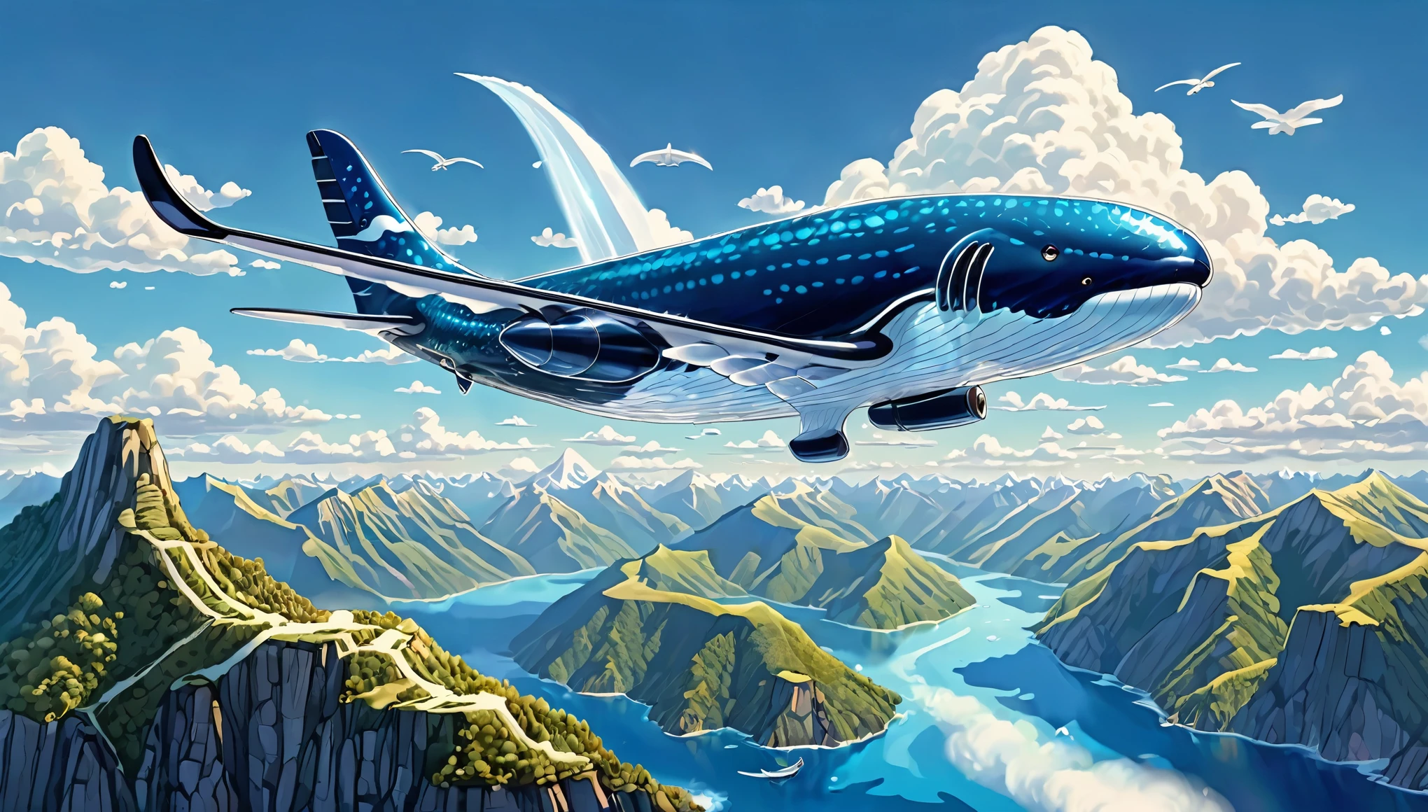 Illustration of Flying Whale, fantasy, large whale-shaped jumbo jet, flying with jetted fins spread out, blue sky and cartoon fluffy clouds, whale's shiny skin reflecting light, detailed in every corner, flying over spectacular mountainous terrain.