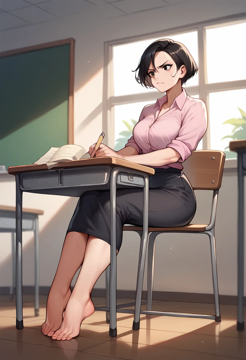 high quality, sharpness, a woman, beautiful, Teacher sitting at the table in a classroom, short hair messed up, black color, black eyes, Cowboys, pink blouse,  , with bare feet on the desk, looking to the camera, very angry