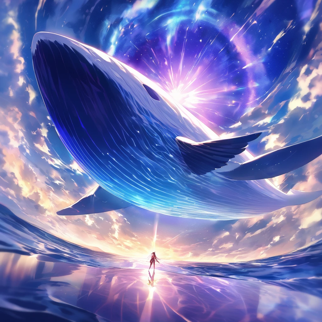 Dans un cadre à couper le souffle, composition futuriste, une baleine majestueuse s&#39;élève à travers le cosmos, son corps élégant scintille sur le fond vibrant d&#39;une nébuleuse tourbillonnante violette et bleue. Un soleil radieux illumine la scène, jetant une lueur chaleureuse sur les nuages vaporeux et la brume qui l&#39;entourent. Les ailes de la créature majestueuse déployées, comme en triomphe, contre le superbe chef-d&#39;œuvre 8K de beauté céleste, sur fond d&#39;étendue infinie de la mer.