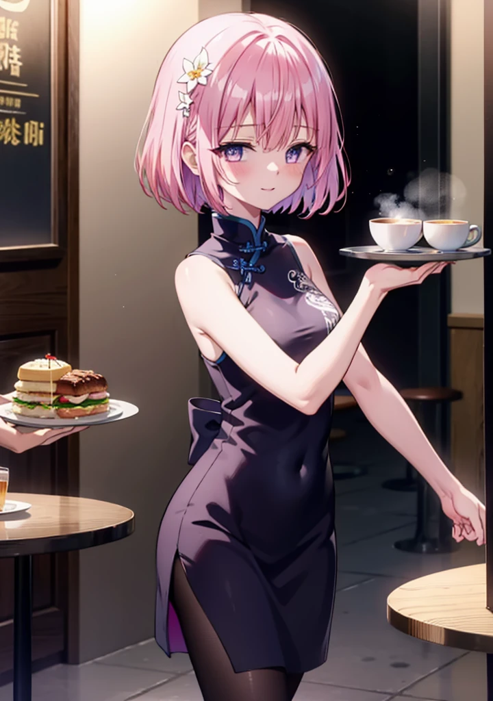 Momodebilke, Deviluke Type, demon tail, Hair Flower, hair ornaments, happy smile, smile, Open your mouth,blush,(Purple eyes:1.1), Pink Hair, short hair, tail, smile,Sleeveless china clothing,Long slit,Black pantyhose,Stiletto heels,Walking,Cafe, remainder, food, drink, Tables and chairs, cleaning, tray, tray in one handwhole bodyがイラストに入るように,
break indoors, Chinese style coffee shop,
break looking at viewer, whole body,
break (masterpiece:1.2), Highest quality, High resolution, unity 8k wallpaper, (figure:0.8), (beautiful detailed eyes:1.6), extremely detailed face, Perfect lighting, extremely detailed CG, (Perfect hands, Perfect Anatomy),