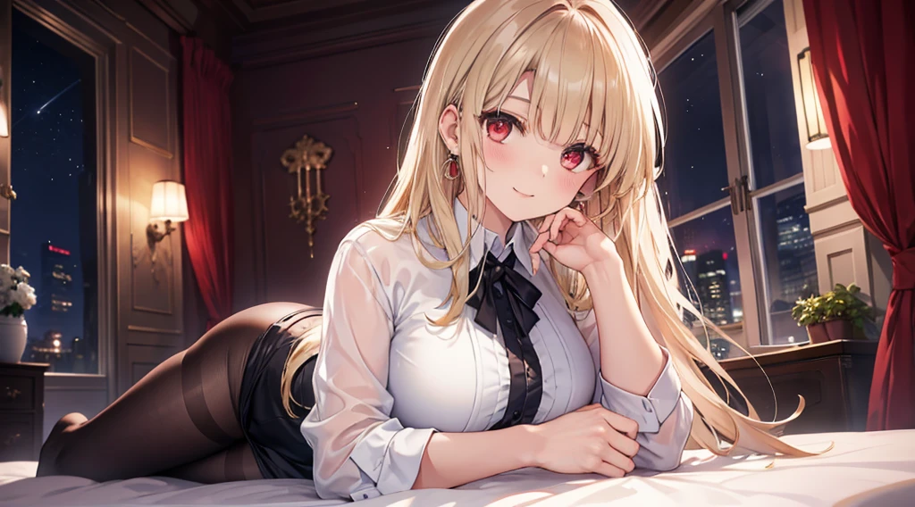 Highest quality, masterpiece, figure, wallpaper,One girl,White shirt, Light Hair, Beautiful detailed girl, Highly detailed eyes and face, Beautiful attention to detail, Shine,Browsing Caution, View your viewers, bed, night, Black Pantyhose, Straight hair, Red Eyes, long hair,Blonde, thick_Thighs, Large Breasts, Red eyes,Sitting,beautiful finger, clear background, deep night, Lying down、smile、Big earrings、bracelet