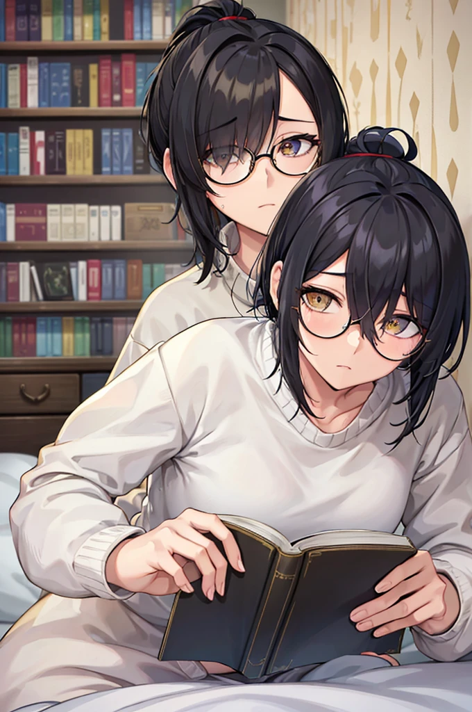 mature woman, hair over one eye, golden eyes, Tomboy, sitting on the ground, white sweater, black sweatpants, looking at viewer, bed, black short hair with a ponytail, books lying around, bedroom background, round glasses, bags under eyes, tired, reading a book