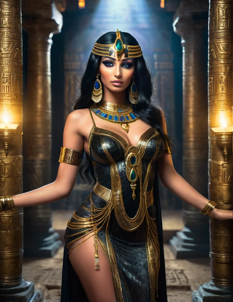 a beautiful egyptian goddess, sorcière antique, invoque des serpents, a un apparence de serpent, nephthys, reine des enfers, reines d'Égypte, with snakeskin, long flowing black hair, glowing golden eyes, reptilian pupils, swollen lactating breasts, wearing a form-fitting translucent black and gold dress, adorned with ancient egyptian jewelry, standing in a mysterious ancient temple, exuding dramatic gothic dominatrix vibes, bathed in intense cinematic lighting, supernatural and breathtaking beauty and depth, (best quality,4k,8k,highres,masterpiece:1.2),ultra-detailed,(realistic,photorealistic,photo-realistic:1.37),HDR,UHD,studio lighting,ultra-fine painting,sharp focus,physically-based rendering,extreme detail description,professional,vivid colors,bokeh,fantasy,dark fantasy,occult,powerful,mystical,elegant,ethereal,chiaroscuro,full body view,in a mystical environment,at the heart of an ancient Egyptian palace