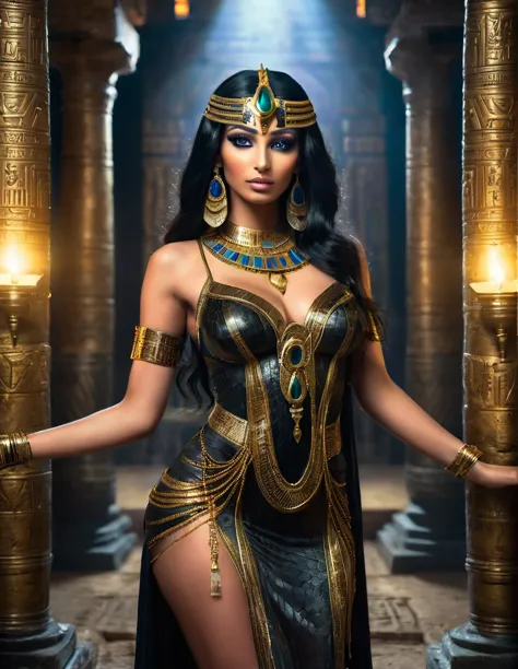 a beautiful egyptian goddess, sorcière antique, invoque des serpents, a un apparence de serpent, nephthys, reine des enfers, rei...