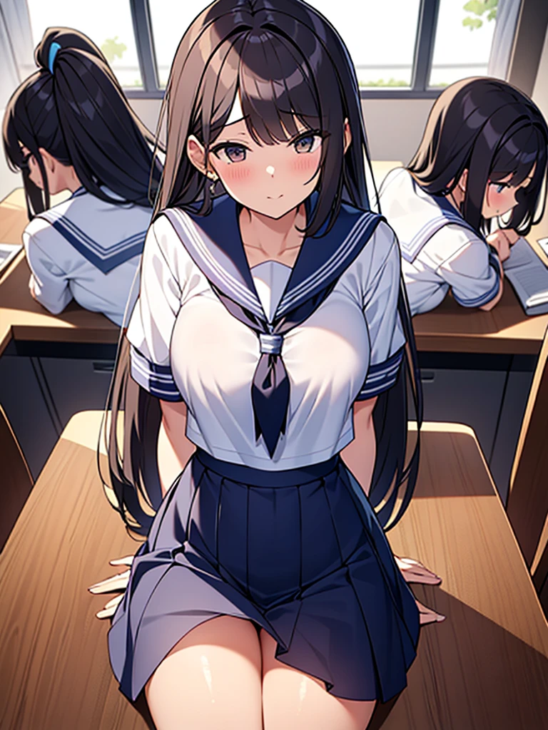 NSFW:1.9. Student council room: sex from behind:1.9 tall women:1.9 Penis inserted into pussy:1.9. Leaning face down on a conference room desk:1.9 Tall, well-built, adult woman, bottom view, white summer sailor uniform, navy blue skirt, short black hair, ponytail:1.9 Long hair Straight hair Hair tie Swept bangs to the side:1.9. Slanted eyes, brown eyes, tall, strong-willed, beautiful, large breasts, white underwear