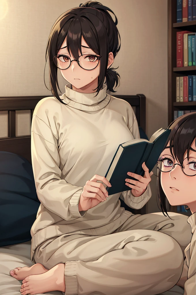 mature woman, hair over one eye, golden eyes, Tomboy, sitting on the ground, white sweater, black sweatpants, looking at viewer, bed, black short hair with a ponytail, books lying around, bedroom background, round glasses, bags under eyes, tired, reading a book