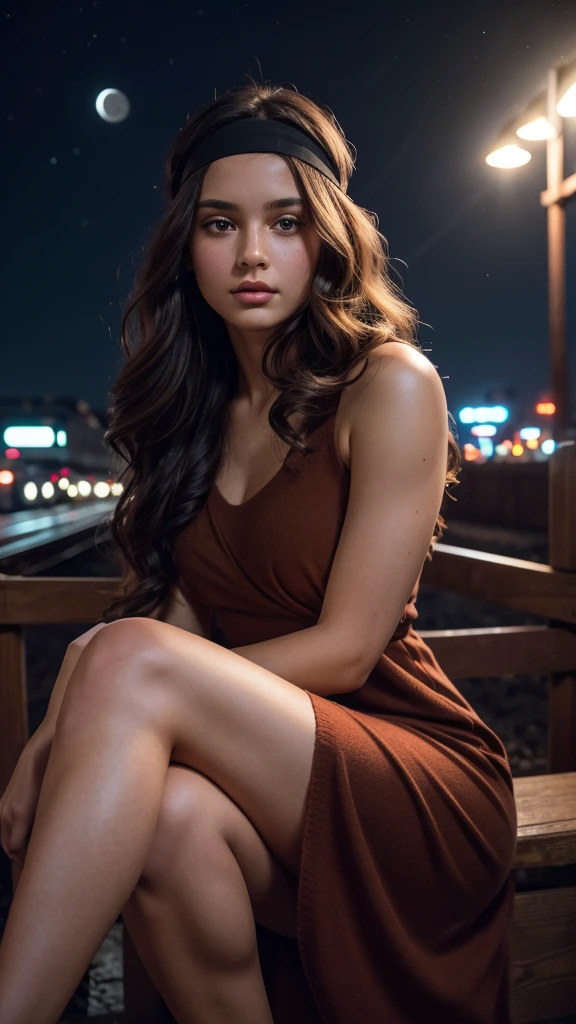 Masterpiece, 20 year old woman, full body, he highest quality, big pink eyes,proportionate lips, Colorful cinematic lighting, brown Cashmere Dress bare shoulders, with overflow [green|rose] long wavy hair, (wearing a black headband), (Perfect face:1.1), sitting Train tracks, at night, moon, moonlight, romantic, HDR, Very detailed, 8k, Hyper realistic, shot at eye level, Cinestill 800