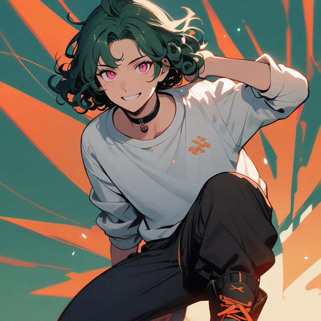 (well done:1) man, long dark green curly hair, pink eyes, black choker, white sweatshirt with orange details, black sweatpants, black boots.