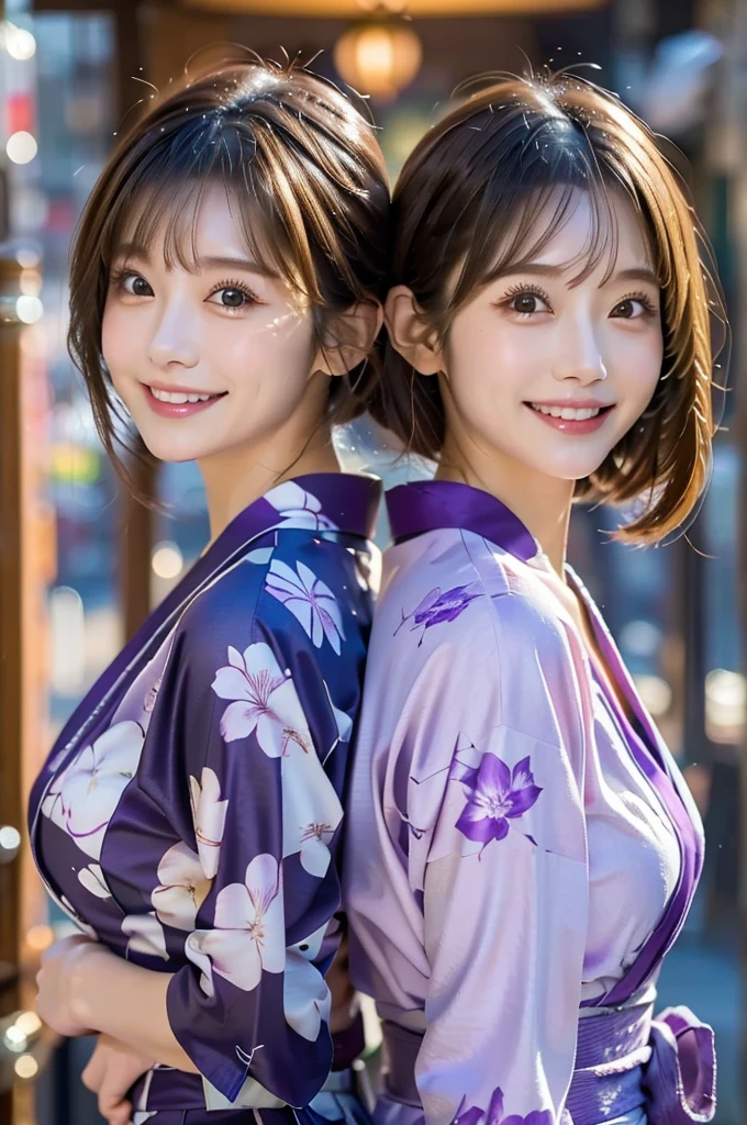 Two beauties,2 girls,cute,medium purple,face,yukata,Lily print,winter,Great Joy,medium purple,Flower bun