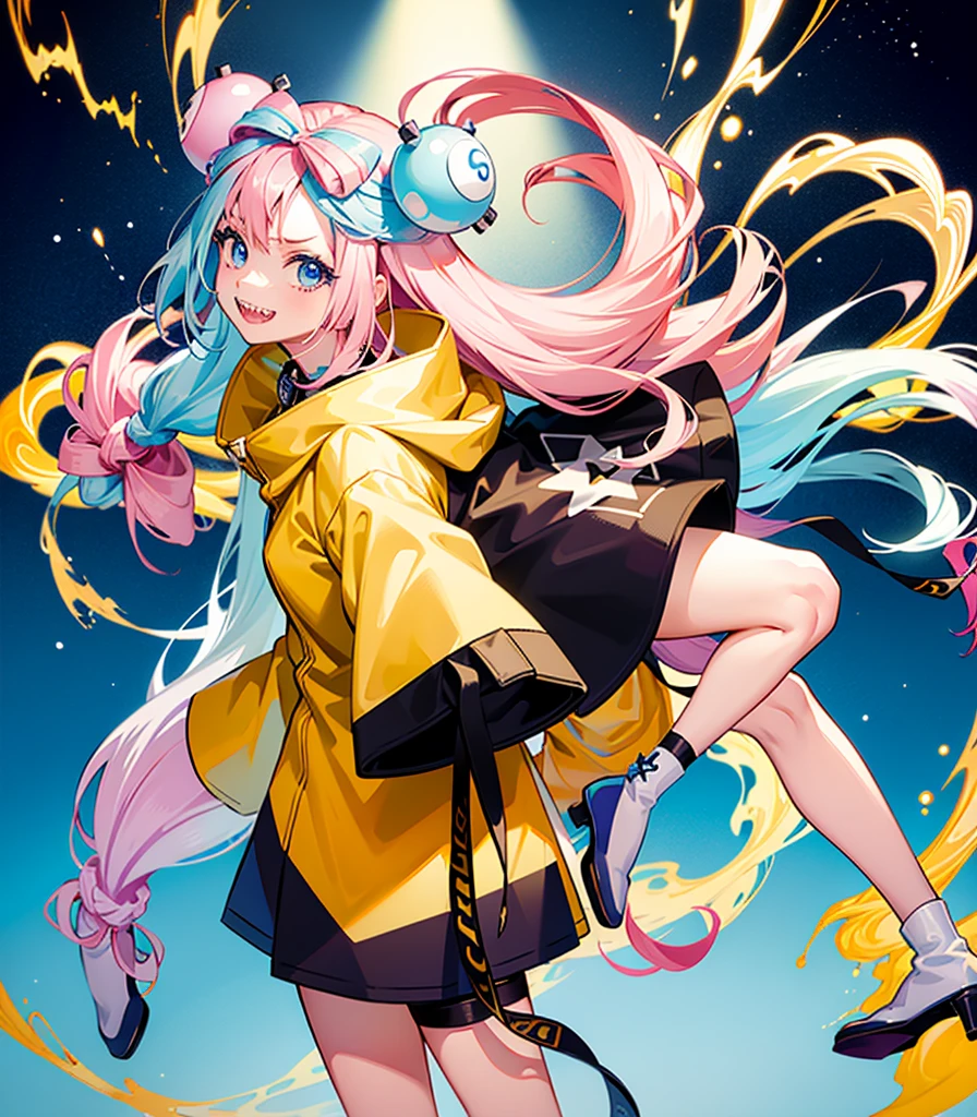 Highest quality、masterpiece、Anime Style、Pink hair and blue eyes、Yellow Jacket、Please raise your right hand、Lower your left hand、Stand only on your right foot、Raise your left leg。Sharp teeth、smile、White Background,Nanjamo