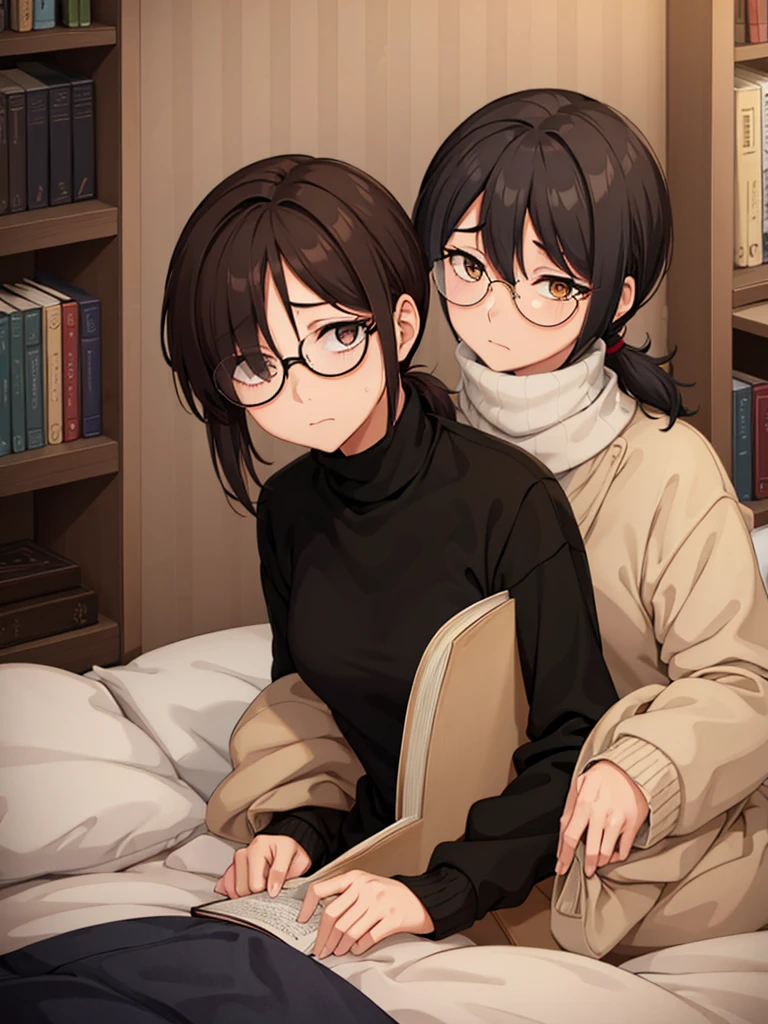 mature woman, hair over one eye, golden eyes, Tomboy, sitting on the ground, Long turtleneck sweater, looking at viewer, bed, black short hair with a ponytail, books lying around, bedroom background, round glasses, bags under eyes, tired, reading a book, shy