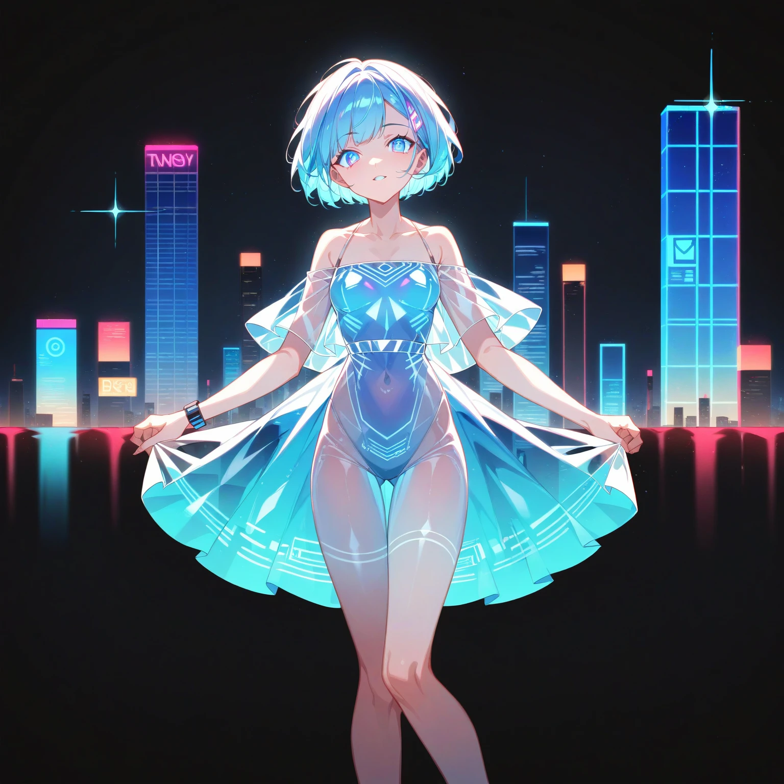 score_9_up, score_8_up, score_7_up, score_6_up, source_anime，1girl、2d, flat、Transparent color PVC clothing, Transparent Color Vinyl Clothing, Prismatic, Holographic, chromatic aberration, Fashion Illustration,City、Night view