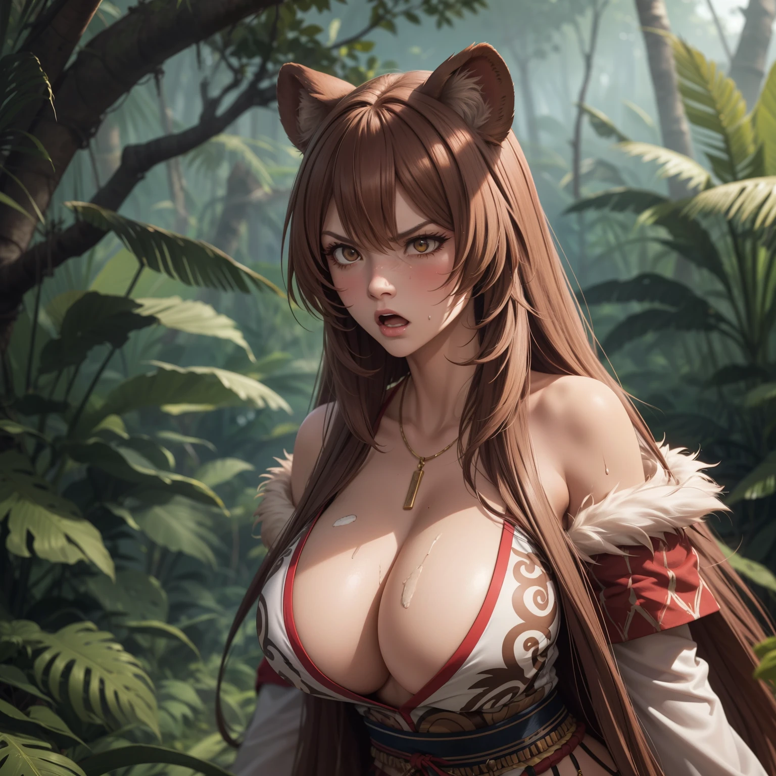 Raphtalia woman 35 years old, Voluminous brown hair, by the floating, lion ears,  voluminous fur, big breasts,   low-cut tribal clothing, tribal design fur clothing, dirty and injured body,  drops of sweat, neckline,  background some ruins in the middle of the jungle, lost tribe, angry expression.