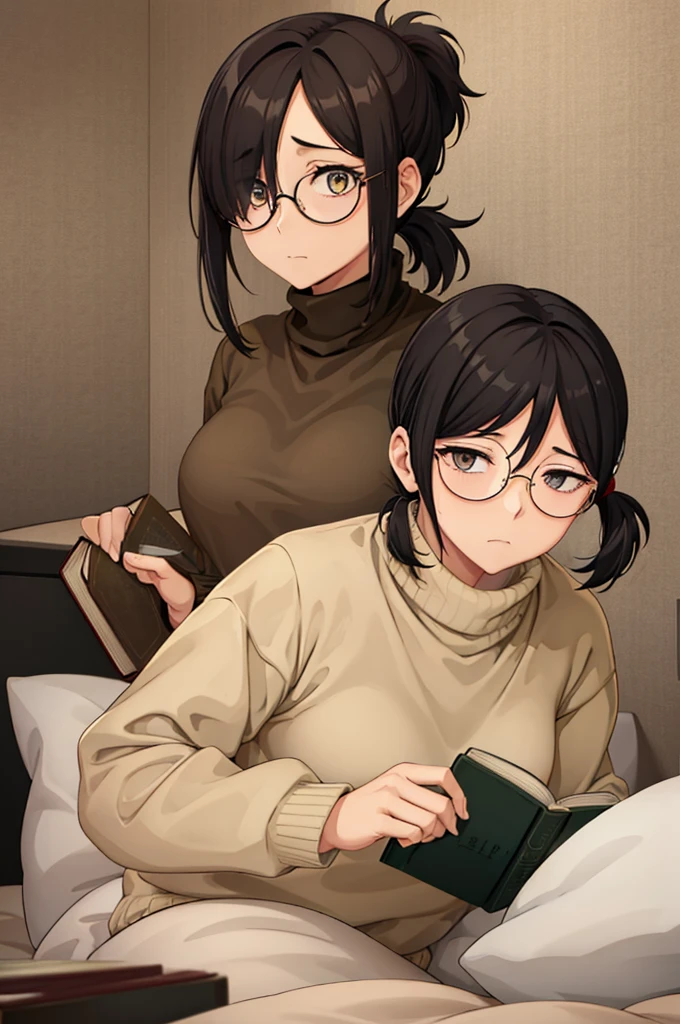 mature woman, hair over one eye, golden eyes, Tomboy, sitting on the ground, Long turtleneck sweater, looking at viewer, bed, black short hair with a ponytail, books lying around, bedroom background, round glasses, bags under eyes, tired, reading a book, shy