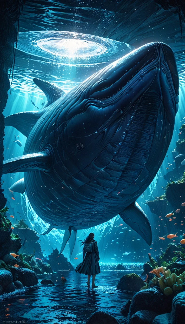 a flying whale, giant blue whale, underwater scene, deep ocean, bioluminescent glowing, ethereal atmosphere, glowing blue whale, majestic ocean creature, surreal fantasy, magical realism, dreamlike landscape, (best quality,4k,8k,highres,masterpiece:1.2),ultra-detailed,(realistic,photorealistic,photo-realistic:1.37),HDR,UHD,studio lighting,extremely detailed whale anatomy,extremely detailed ocean environment,vibrant blue and green colors,dramatic lighting,cinematic composition