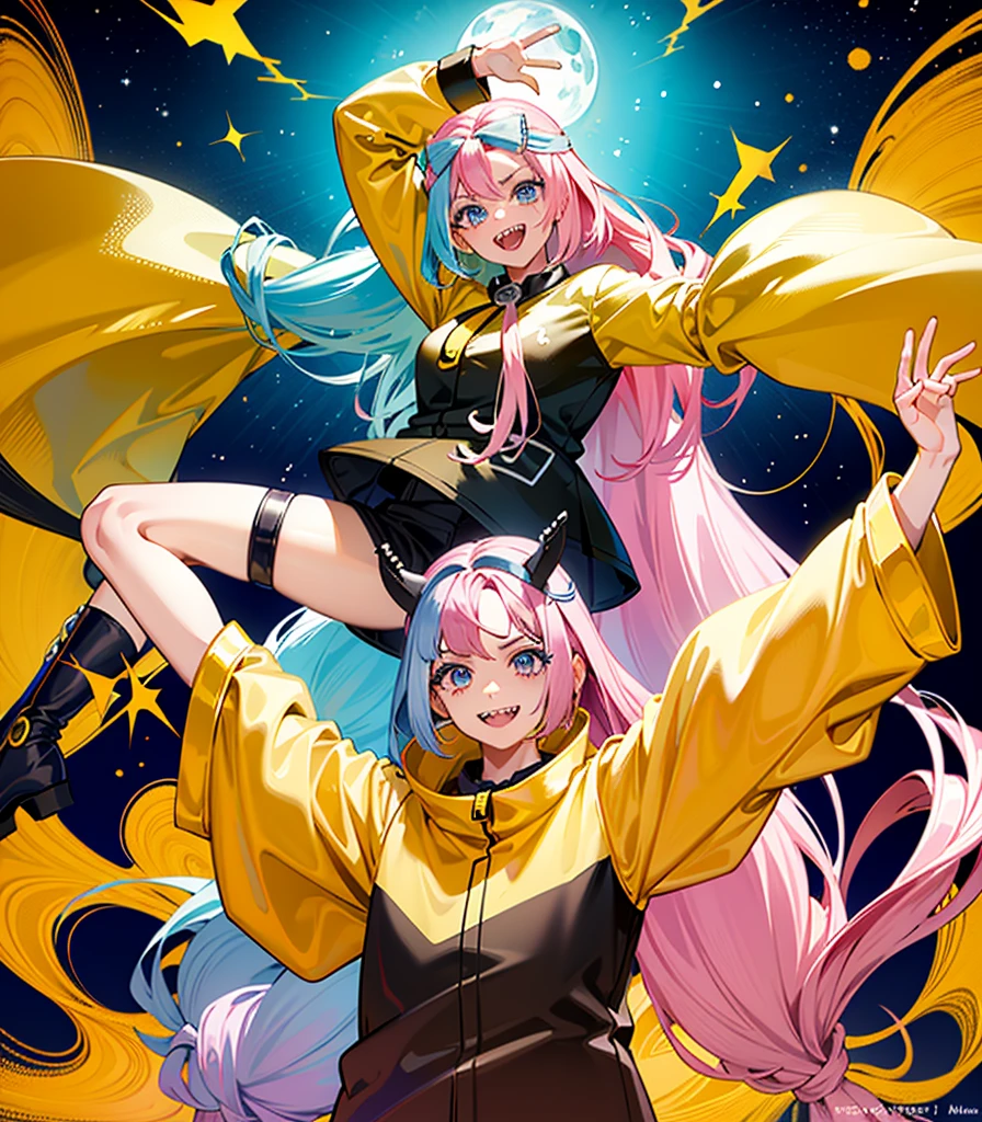 Highest quality、masterpiece、Anime Style、Pink hair and blue eyes、Yellow Jacket、Please raise your right hand、Lower your left hand、Stand only on your right foot、Raise your left leg。Sharp teeth、smile、White Background,Nanjamo