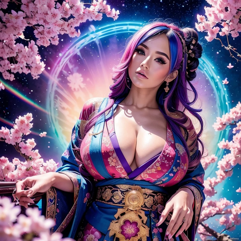 (masterpiece, top quality, best quality, official art, beautiful, cosmic, atmospheric, psychedelic, dreamlike, shinto shrine and aesthetic:1.2), (1girl, rainbow colored hair, beautuful highly detailed Harajuku-inspired hooded kimono, tons of tattoos and piercings, super huge enormously gigantic tits, cleavage showing, gigantic  bursting out of her kimono), extreme detailed,(fractal art:1.3),colorful,highest detailed, cherry blossoms blowing in the wind 