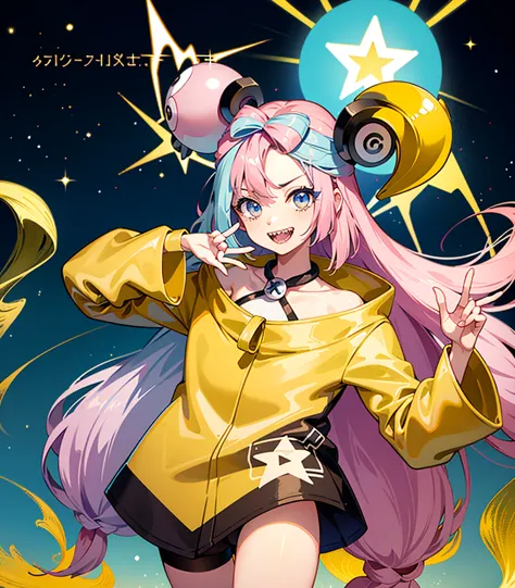 highest quality、masterpiece、anime style、pink hair and blue eyes、yellow jacket、please raise your right hand、lower your left hand、...