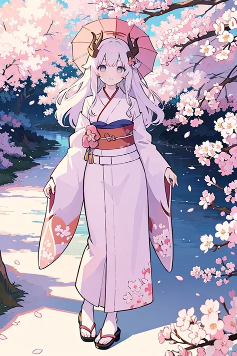 Anime style, masterpiece, high quality, style sheet, fantasy, character design, full body design, cherry blossom kimono with a l...