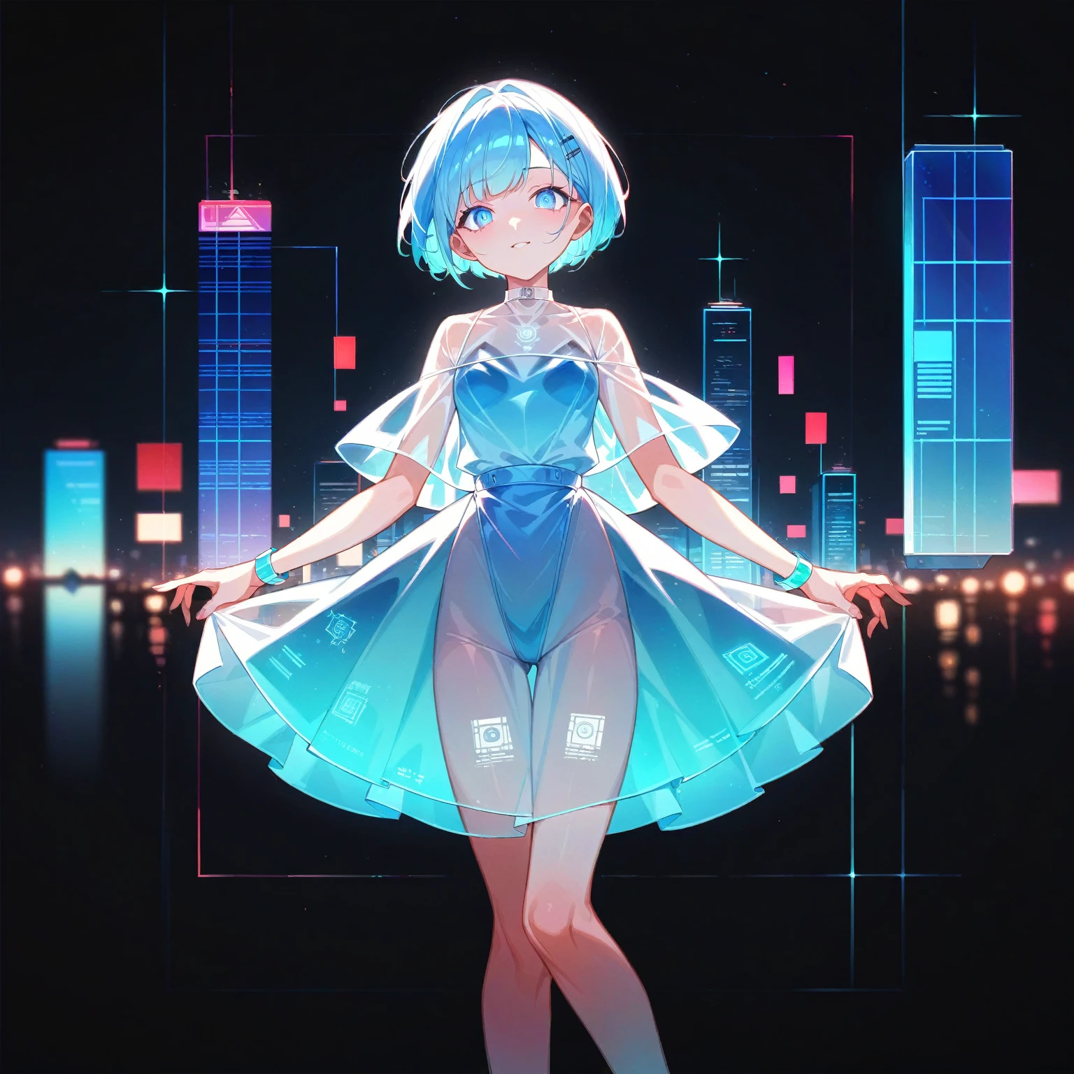 score_9_up, score_8_up, score_7_up, score_6_up, source_anime，1girl、2d, flat、Transparent color PVC clothing, Transparent Color Vinyl Clothing, Prismatic, Holographic, chromatic aberration, Fashion Illustration,City、Night view