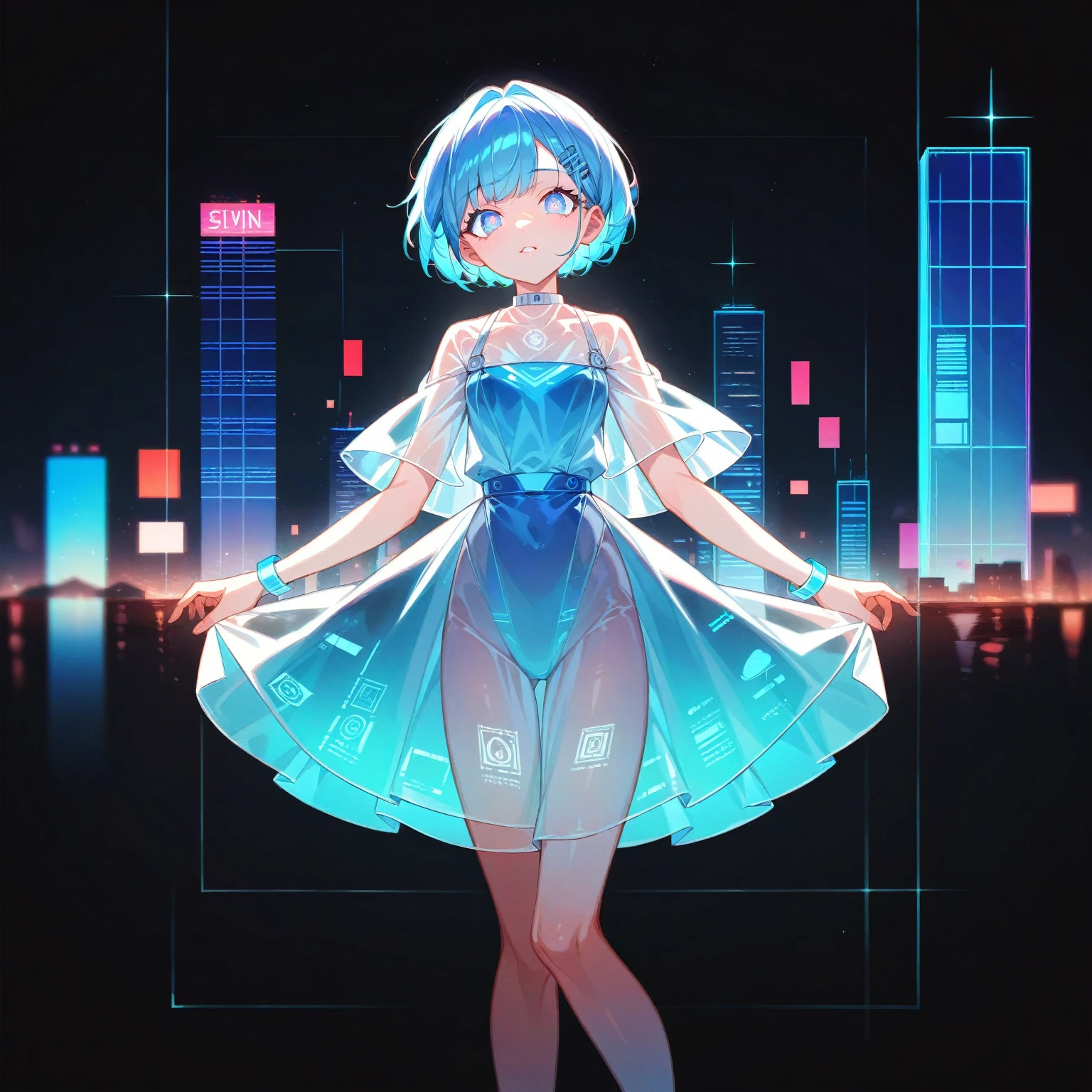 score_9_up, score_8_up, score_7_up, score_6_up, source_anime，1girl、2d, flat、Transparent color PVC clothing, Transparent Color Vinyl Clothing, Prismatic, Holographic, chromatic aberration, Fashion Illustration,City、Night view