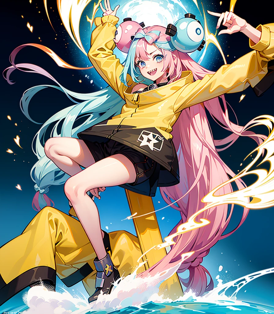 Highest quality、masterpiece、Anime Style、Pink hair and blue eyes、Yellow Jacket、Please raise your right hand、Lower your left hand、Stand only on your right foot、Raise your left leg。Sharp teeth、smile、White Background,Nanjamo,No text