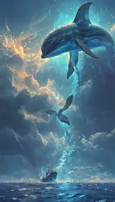 a flying whale, giant blue whale, underwater scene, deep ocean, bioluminescent glowing, ethereal atmosphere, glowing blue whale,...