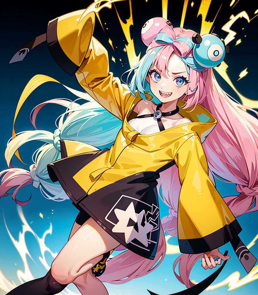 Highest quality、masterpiece、Anime Style、Pink hair and blue eyes、Yellow Jacket、Please raise your right hand、Lower your left hand、Stand only on your right foot、Raise your left leg。Sharp teeth、smile、White Background,Nanjamo,No text