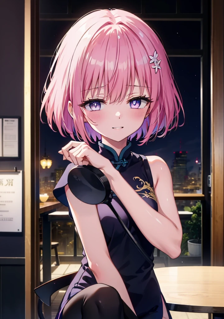 Momodebilke, Deviluke Type, demon tail, Hair Flower, hair ornaments, happy smile, smile, Open your mouth,blush,(Purple eyes:1.1), Pink Hair, short hair, tail, smile,Sleeveless china clothing,Long slit,Black pantyhose,Stiletto heels,Walking,Cafe, remainder, food, drink, Tables and chairs, cleaning, tray, tray in one handwhole bodyがイラストに入るように,
break indoors, Chinese style coffee shop,
break looking at viewer, whole body,
break (masterpiece:1.2), Highest quality, High resolution, unity 8k wallpaper, (figure:0.8), (beautiful detailed eyes:1.6), extremely detailed face, Perfect lighting, extremely detailed CG, (Perfect hands, Perfect Anatomy),