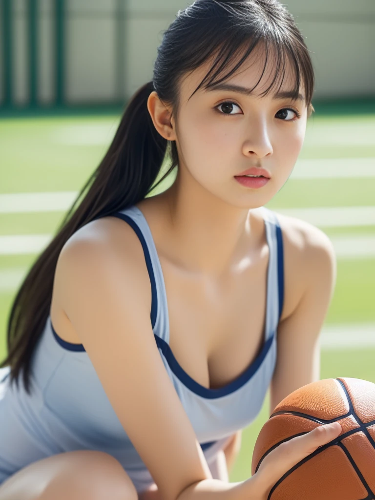 (8k、top-quality、​masterpiece:1.2)、(realisitic、Photorealsitic:1.37)、Ultra-detail、top-quality、超A high resolution、From head to thigh、professionally lit、Photon mapping、Radio City、physically-based renderingt、Cinematic lighting、Basketball court,gymnasium、depth of fields,Focusing,Sun'rays,Good composition,(bokeh:1.2),1 girl,(full body Esbian),(Keep your mouth shut),Beautiful eyes,the pose,Constriction,Basketball Uniforms,Cropped tank top、A darK-haired,poneyTail,(ulzzang-6500:1.2) mix4, hiqcgbody、Cleavage