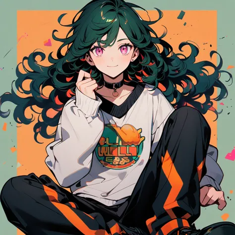 (well done:1) man, long dark green curly hair, pink eyes, black choker, white sweatshirt with orange details, black sweatpants, ...