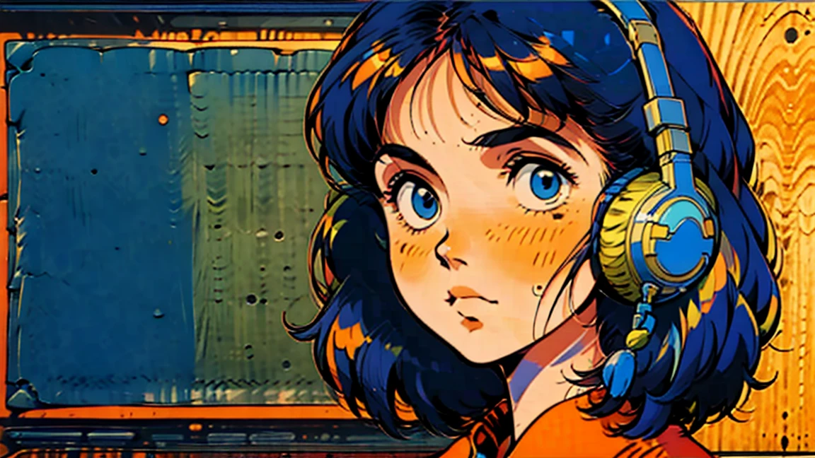 (obra de arte:1.2), (mais alta qualidade:1.2), resolução ultra-alta, super detalhado, iluminação perfeita,GIRL WITH DETAILED FACE WITH FACE FORWARD, SHORT HAIR, BLUE EYES, small AND ROUNDED nose, 80s anime style GIRL, HEADPHONES, FACE CLOSE UP, speakers, speakers, radio, vintage 