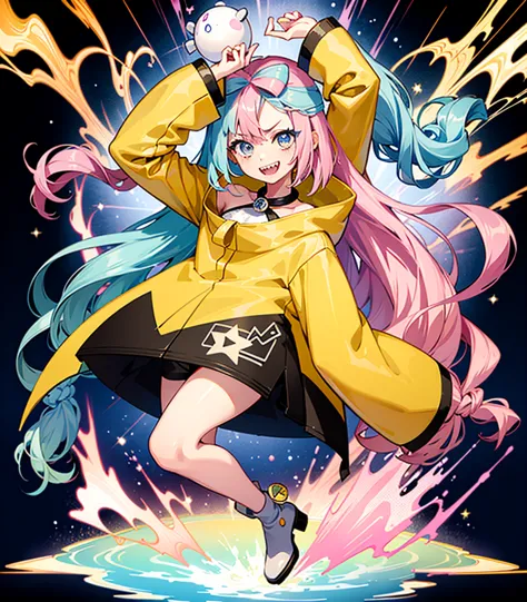 highest quality、masterpiece、anime style、pink hair and blue eyes、yellow jacket、please raise your right hand、lower your left hand、...