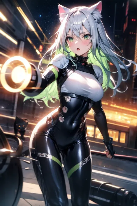 A silver-haired beautiful girl with cat ears eyes are green hair is silver and long clothes: a form-fitting black combat suit Th...