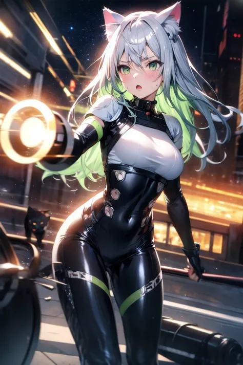 a silver-haired beautiful girl with cat ears eyes are green hair is silver and long clothes: a form-fitting black combat suit th...