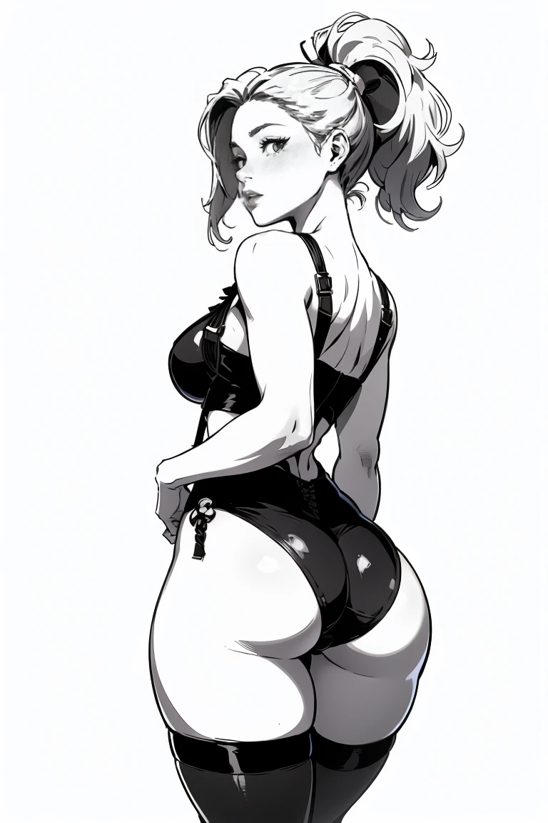 animado, melhor qualidade, engraçado , 8 mil., meias com suspensórios, Mulheres, seios médios, drawing of a Mulheres in black and white lingerie, linha preta grossa, comissão de alta resolução, costas e branco, desenho de linha grossa, Com luz de fundo, lindas bundas sexy, contorno grosso, 2 anos, 2 anos, Mãos atrás das costas, pose corporal! , corpo perfeito realista com sombreamento, estilo mangá preto e branco, média, Esboço no papel 