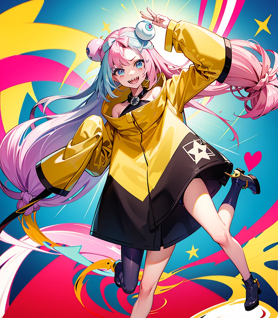 Highest quality、masterpiece、Anime Style、Pink hair and blue eyes、Yellow Jacket、Please raise your right hand、Lower your left hand、Stand only on your right foot、Raise your left leg。Sharp teeth、smile、White Background,Nanjamo,No text