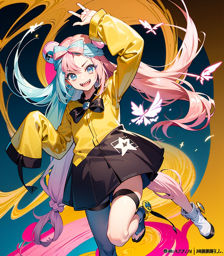 Highest quality、masterpiece、Anime Style、Pink hair and blue eyes、Yellow Jacket、Please raise your right hand、Lower your left hand、Stand only on your right foot、Raise your left leg。Sharp teeth、smile、White Background,Nanjamo,No text