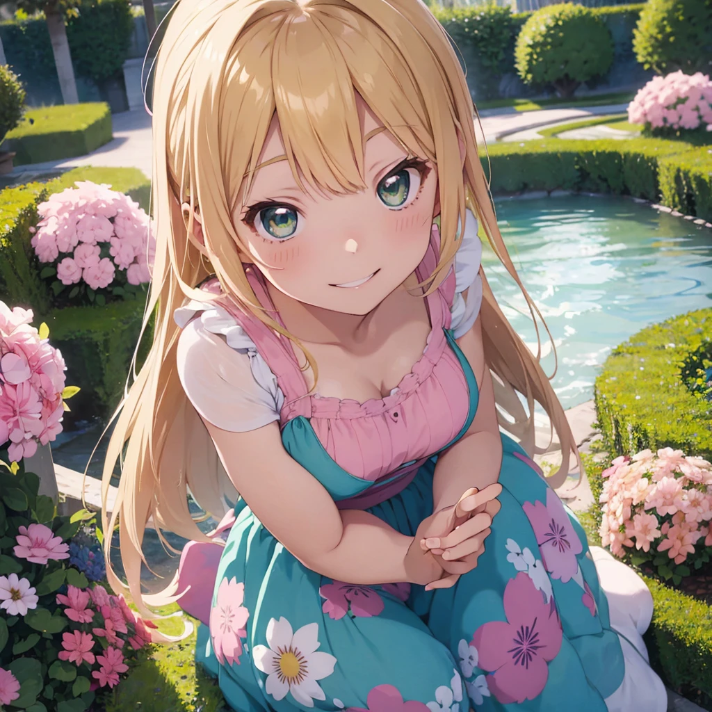 kawaii smiling bleach blonde female with bluish-green eyes in pink evening dress in the sun floral garden background