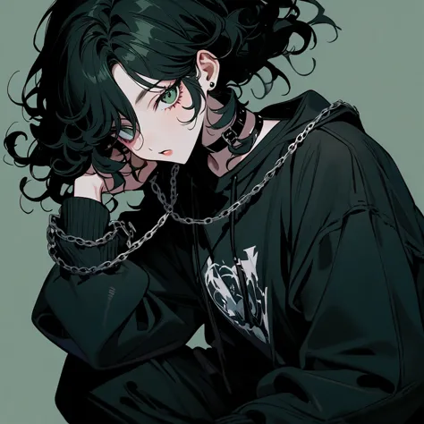 (well done:1) woman, long black curly hair, gray left eye, dark green right eye, black choker, black sweatshirt with white detai...