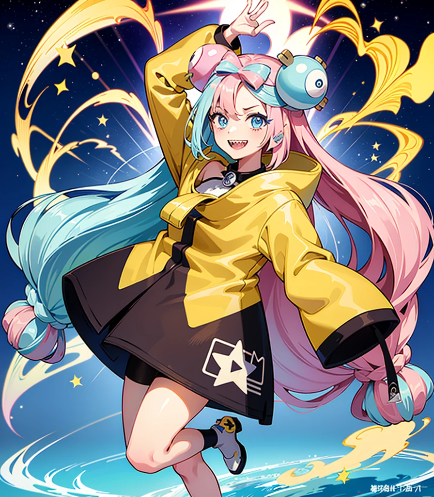 Highest quality、masterpiece、Anime Style、Pink hair and blue eyes、Yellow Jacket、Please raise your right hand、Lower your left hand、Stand only on your right foot、Raise your left leg。Sharp teeth、smile、White Background,Nanjamo,No text