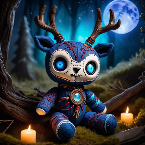(knitted toy voodoo doll:1.7), (Voodoo Phantom Deer:1.3), (Clothing: spectral fur with glowing blue eyes:1.0), (Accessories: enc...
