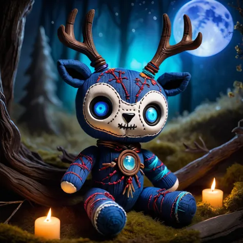 (knitted toy voodoo doll:1.7), (voodoo phantom deer:1.3), (clothing: spectral fur with glowing blue eyes:1.0), (accessories: enc...