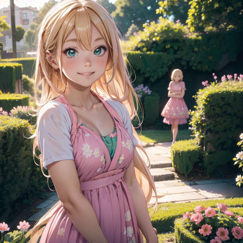 kawaii smiling bleach blonde female with bluish-green eyes in pink evening dress in the sun floral garden background