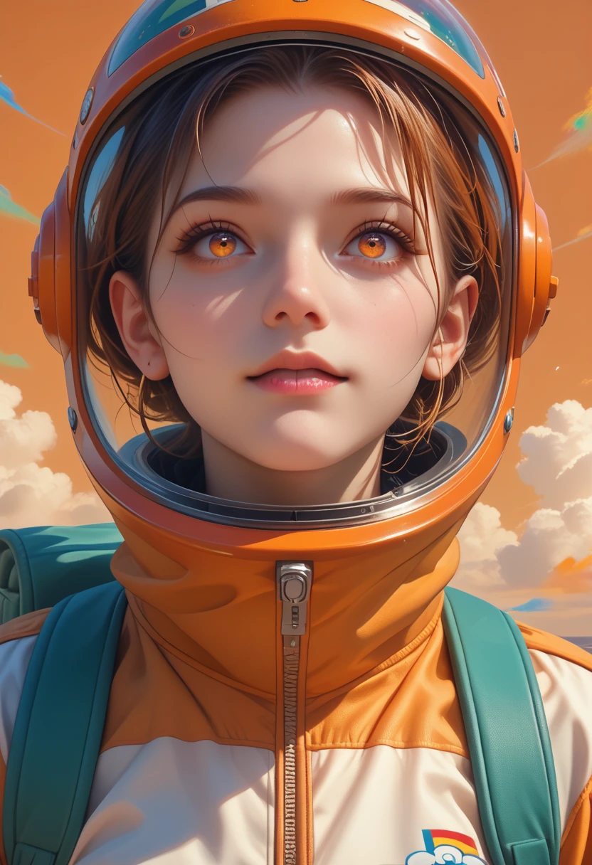 (masterpiece), best quality, expressive eyes, perfect face, Beautiful young woman standing in a rainbow cloud everything around her is big bright splash the color she’s quite happy she’s wearing a backpack. She’s a traveler. She travels new areas in the universe. She’s wearing a rainbow space suit beautiful face big orange space helmet.biomorphic, minimalism, surrealism, dither + artstation