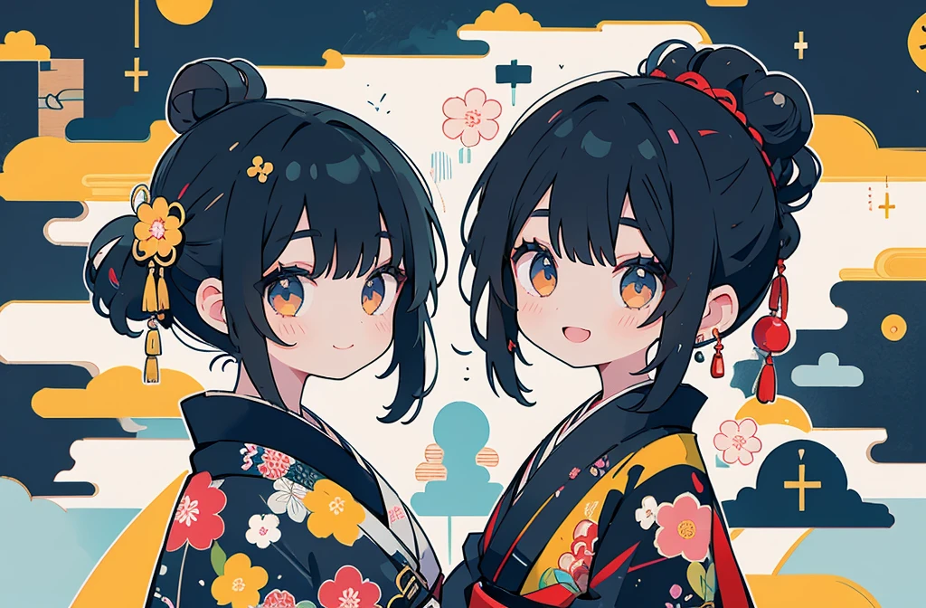 1 chica, negro_cabello, Moño, kimono, japonés_ropa, sonrisa